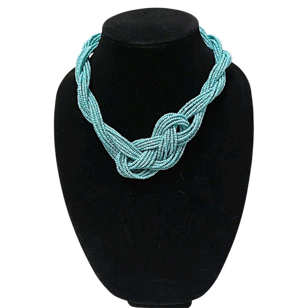 Y2k Braided Chunky Glass‎ Seed Bead Statement Necklace Faux Turquoise Blue Artsy